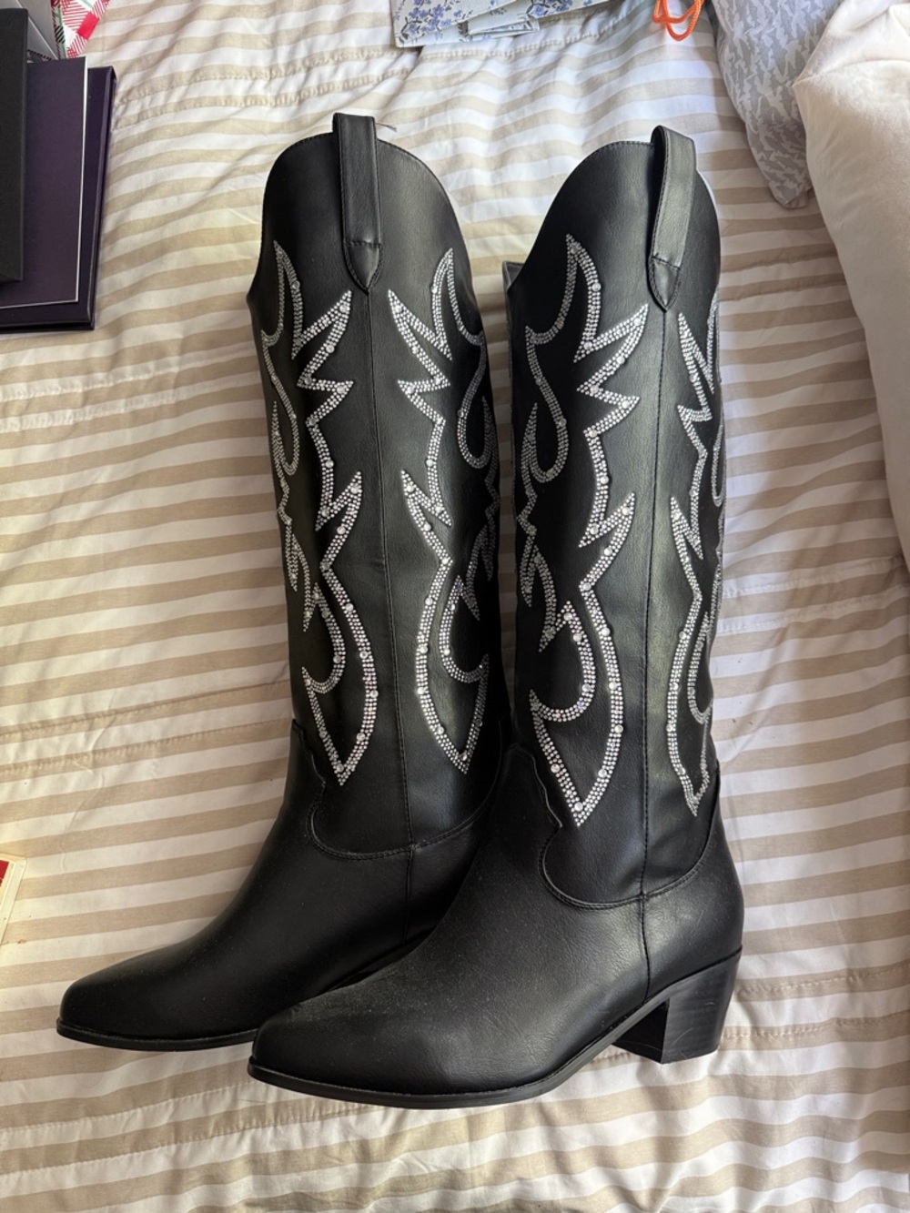 NWOT Black Knee High Rhinestone Cowboy Boots
